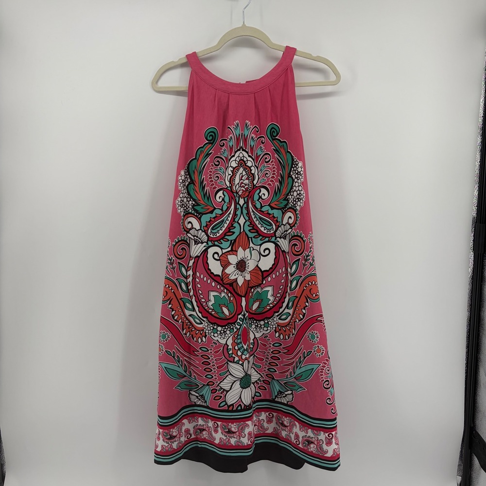 New York & Company Womens Large Pink Paisley Halter Neck Cotton‎ Shift Dress L